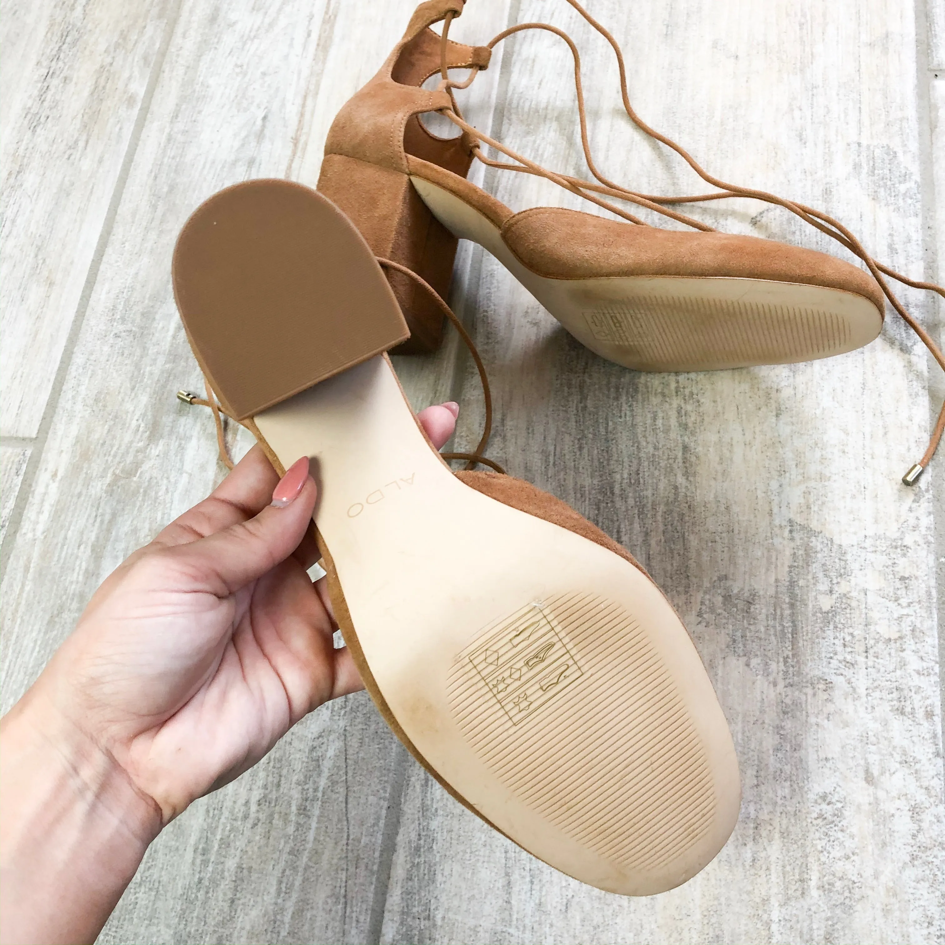 Aldo Suede Camel Block Strappy Heels 10