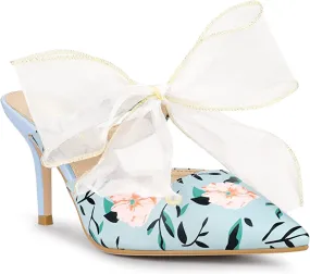 Chiffon Bow Blue Floral Pointed Toe Heels