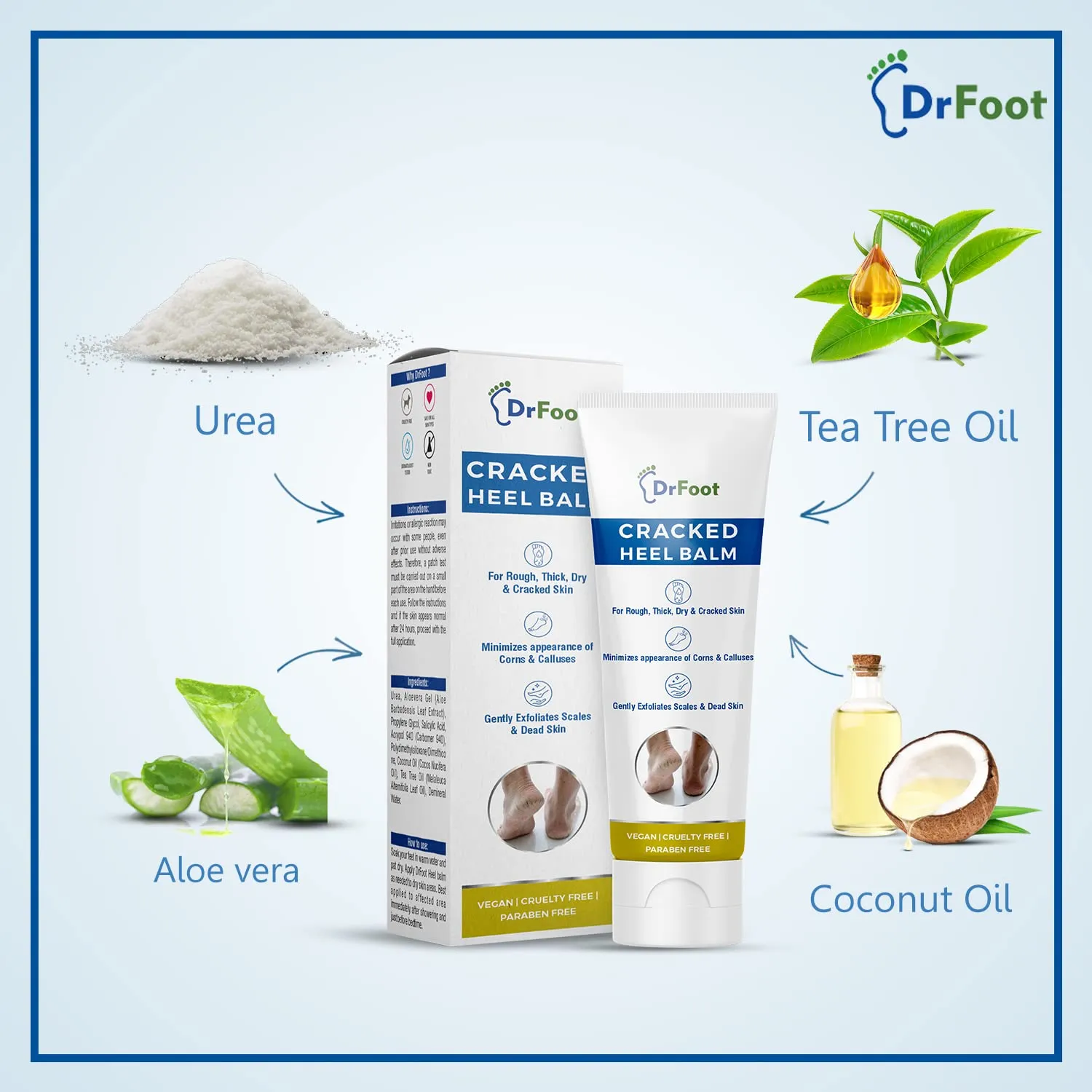 Dr Foot Cracked Heel Balm with Urea, Aloe Vera Gel & Tea Tree Oil for Rough, Thick, Dry, Cracked Skin | Cure and Moisturizes for Healthy Feet – 50gm