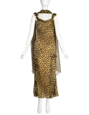 John Galliano Vintage AW2002 Leopard Print Silk Chiffon Ruffle Bias Gown with Matching Shawl