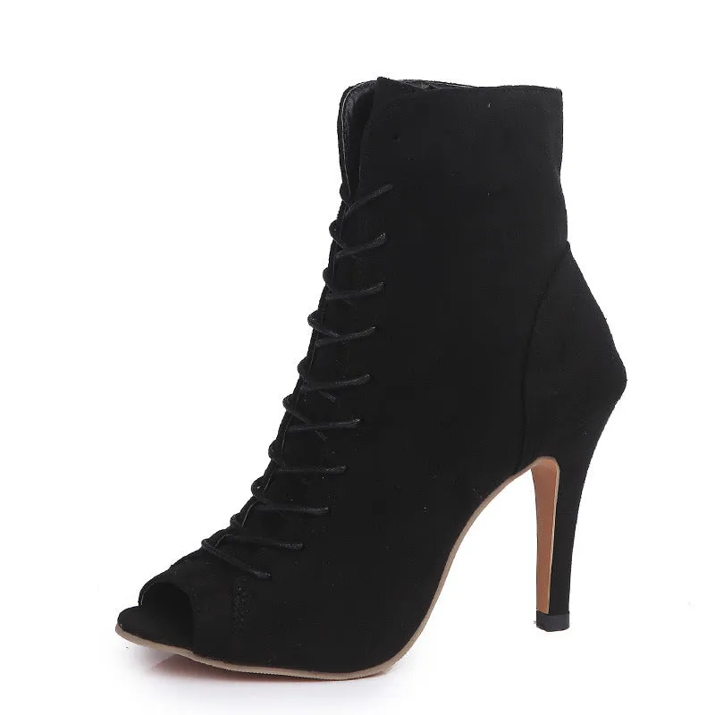 Lace-Up Peep Toe High Heel Boots