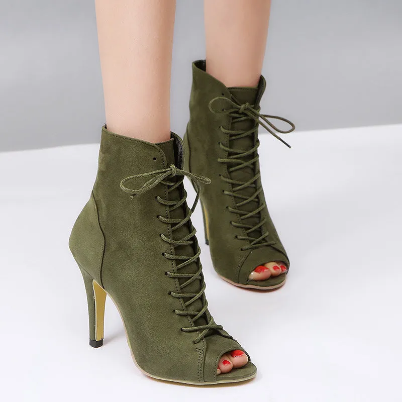 Lace-Up Peep Toe High Heel Boots