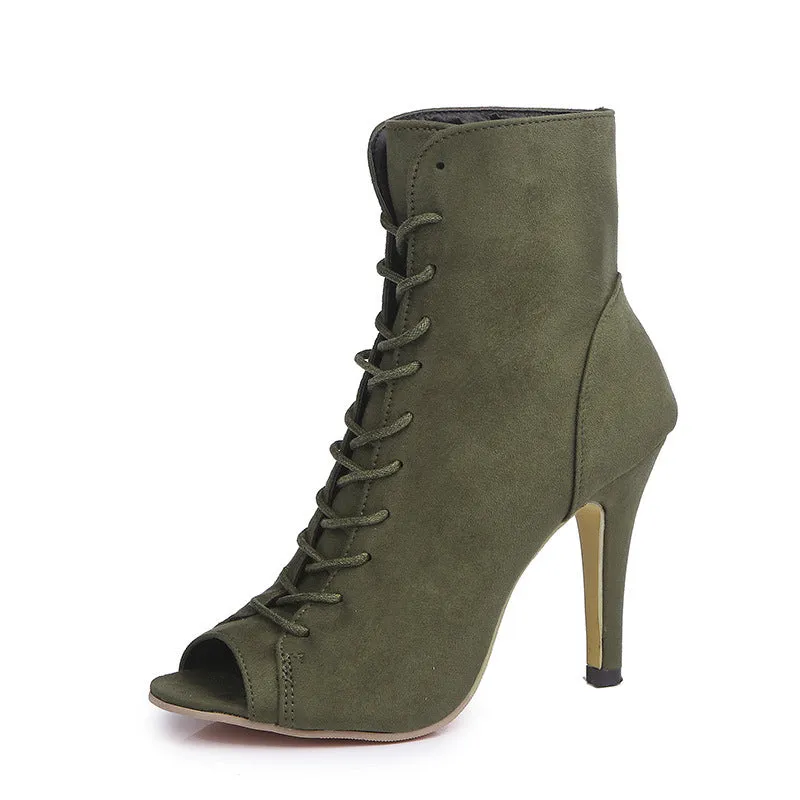 Lace-Up Peep Toe High Heel Boots