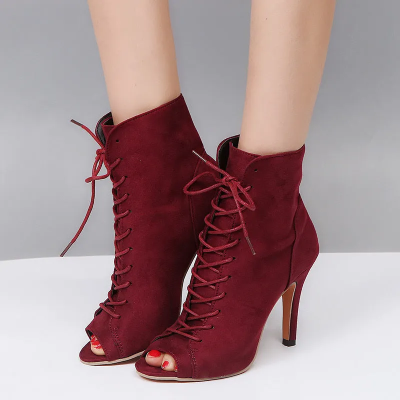 Lace-Up Peep Toe High Heel Boots