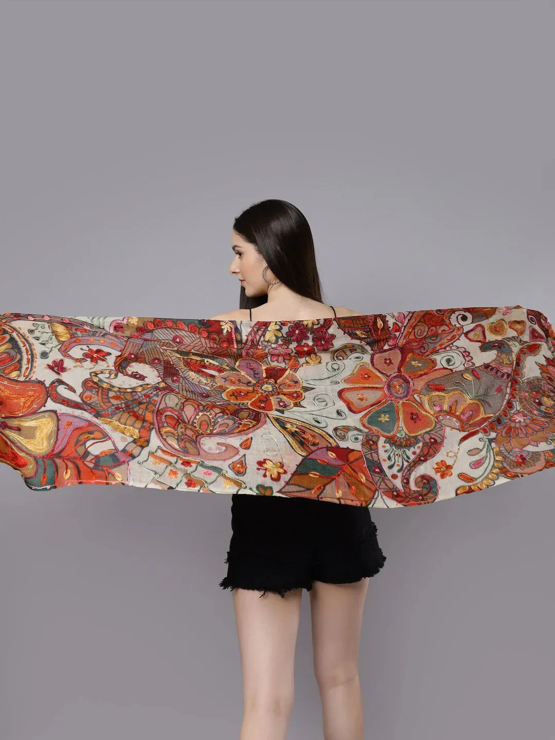 Merino Woollen Scarf: Designer Embroidered