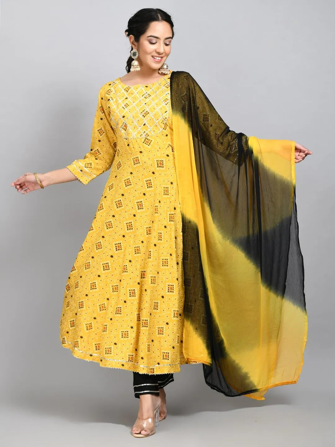 Plus Size Women Yellow Printed Anarkali Kurta Set