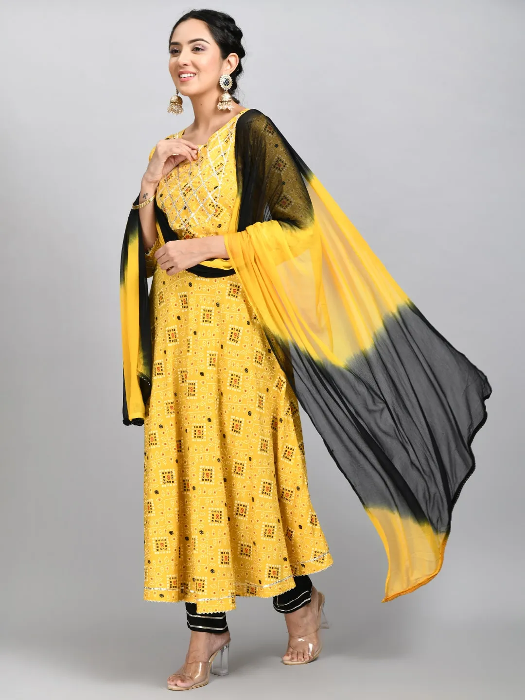 Plus Size Women Yellow Printed Anarkali Kurta Set