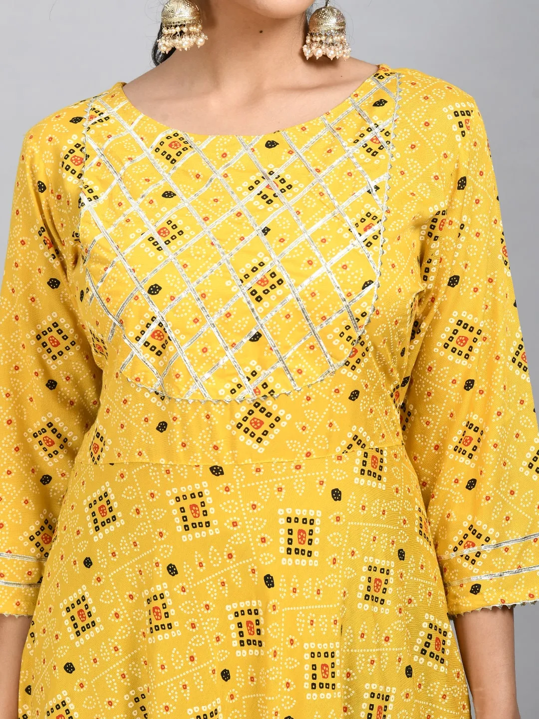 Plus Size Women Yellow Printed Anarkali Kurta Set