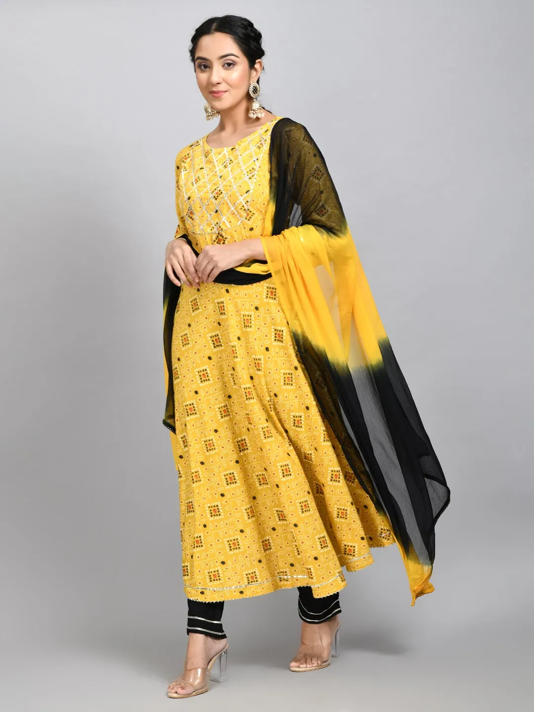 Plus Size Women Yellow Printed Anarkali Kurta Set