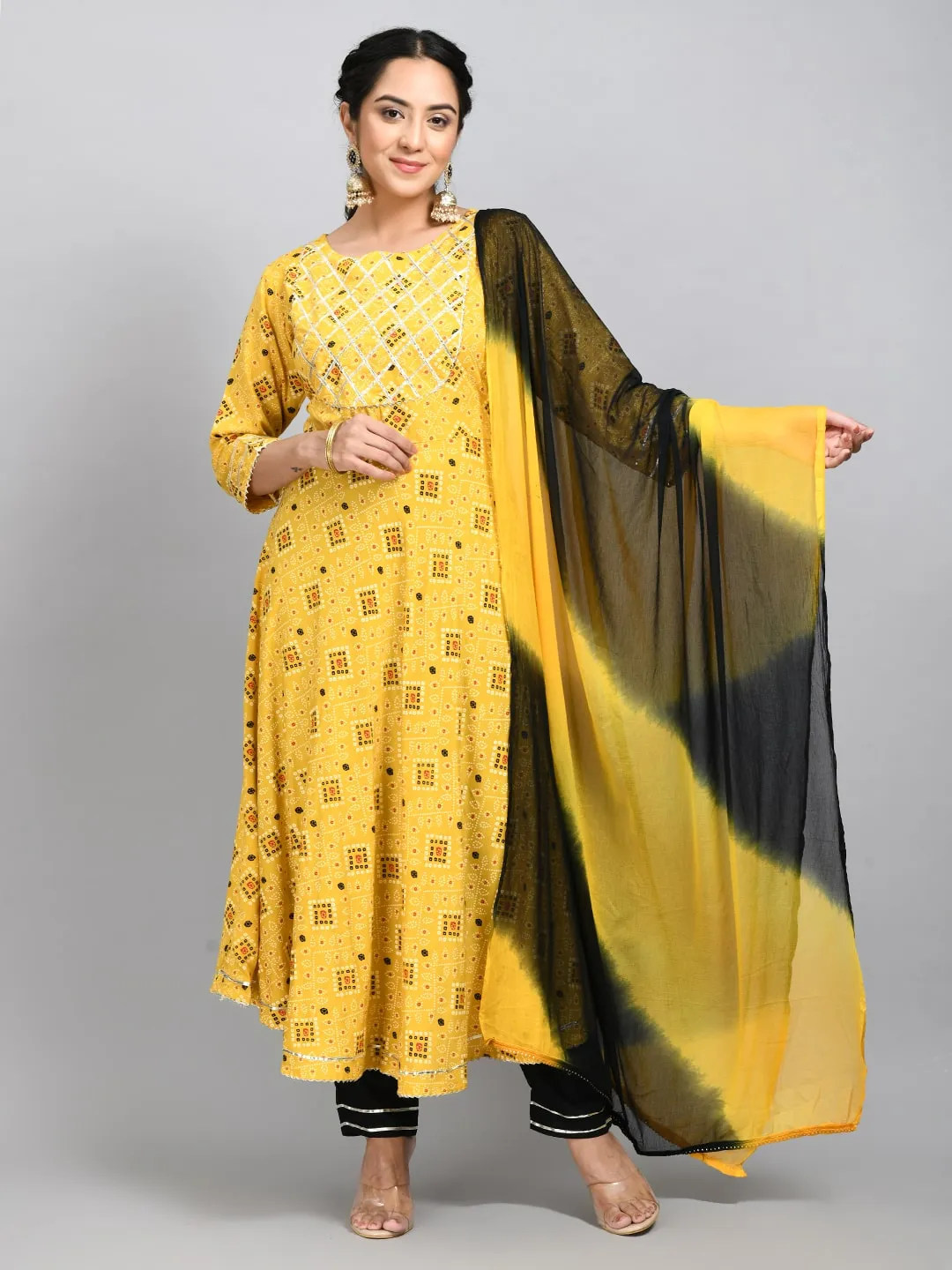 Plus Size Women Yellow Printed Anarkali Kurta Set