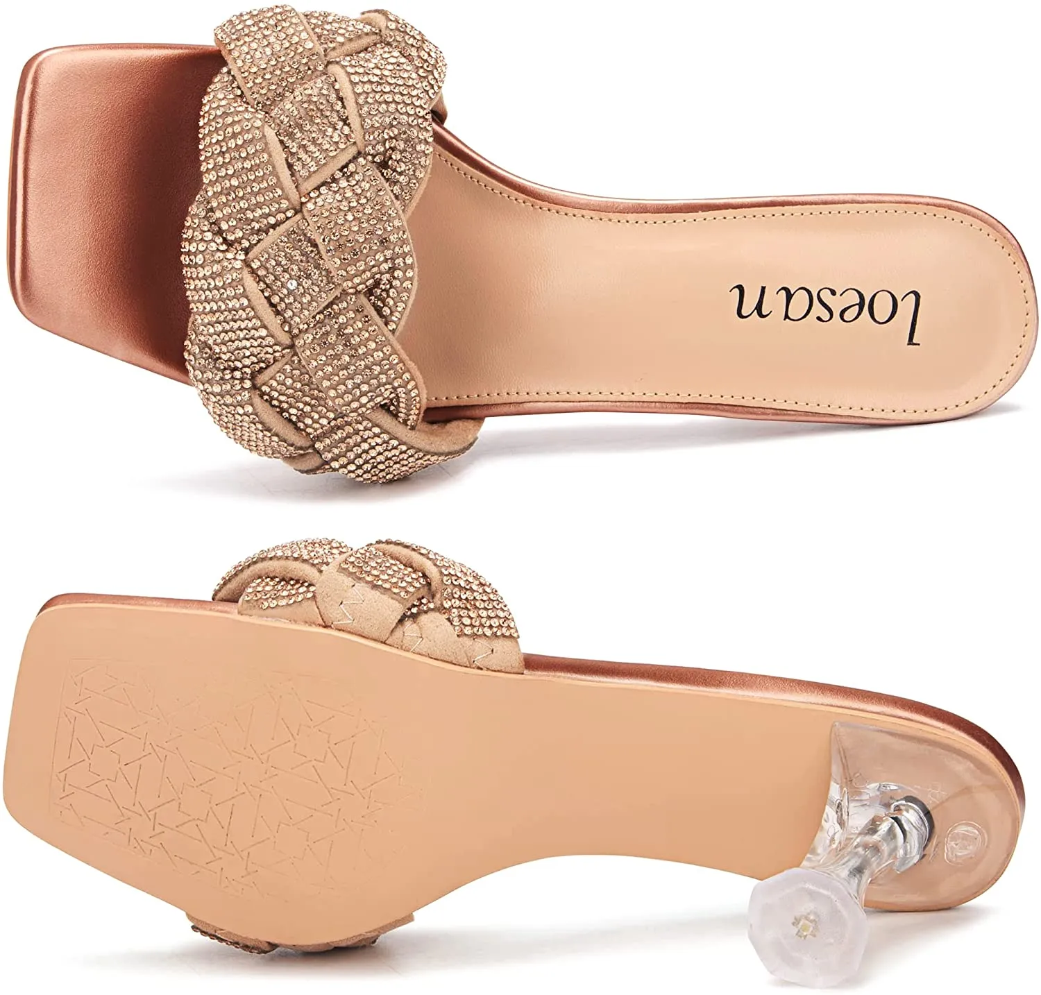 Rhinestone Braided Champagne Gold Open Toe High Heel Slippers